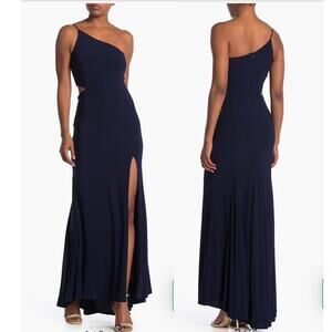 Jump Navy Blue One Shoulder Side Cut Out Stretch Jersey Maxi Gown Womens 1 / 2